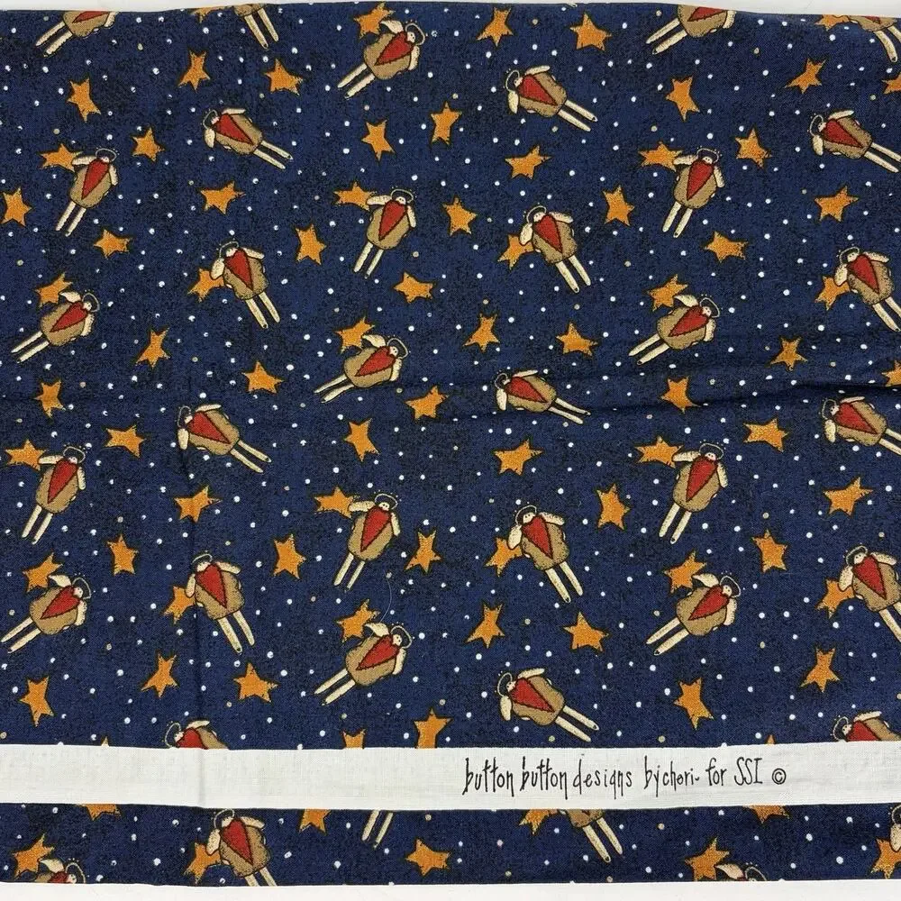 Vintage Button Designs Cheri Christmas Angels Navy Blue Fabric Remnant 18x20.5”
